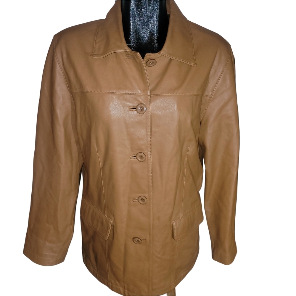 Plonge Classic Tan Leather Button Up Mid-length Jacket Size L